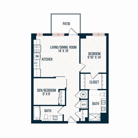Floor plan for 1 bed, 1.5 baths, 875 sqft